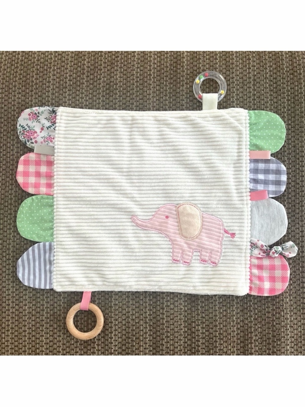 Modern Baby Elephant Security Blanket Lovey Taggie Teething Ring Rattle Crinkle